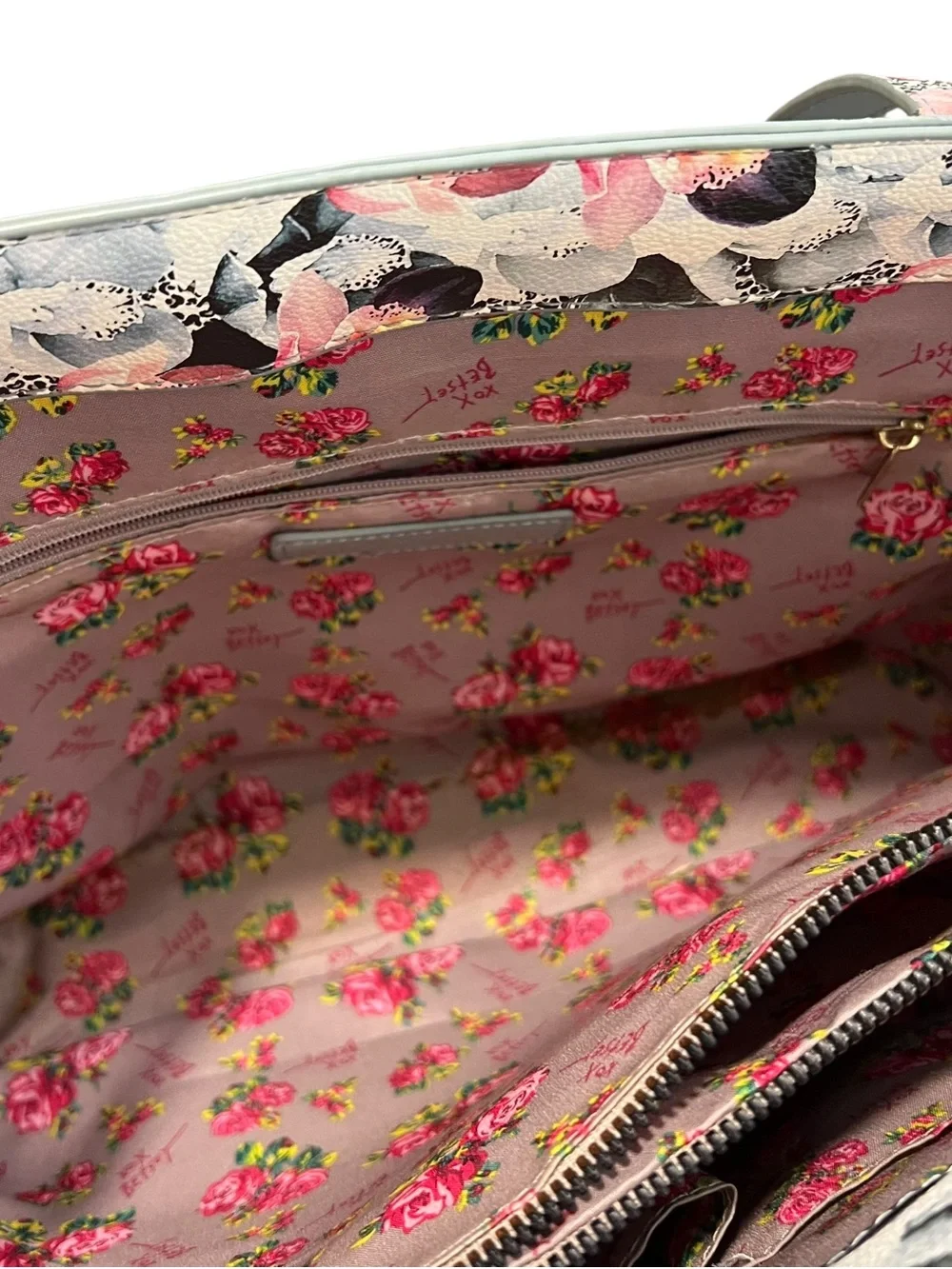 Betsey Johnson Leather Tote Bag Light Blue Floral Office Whimsical